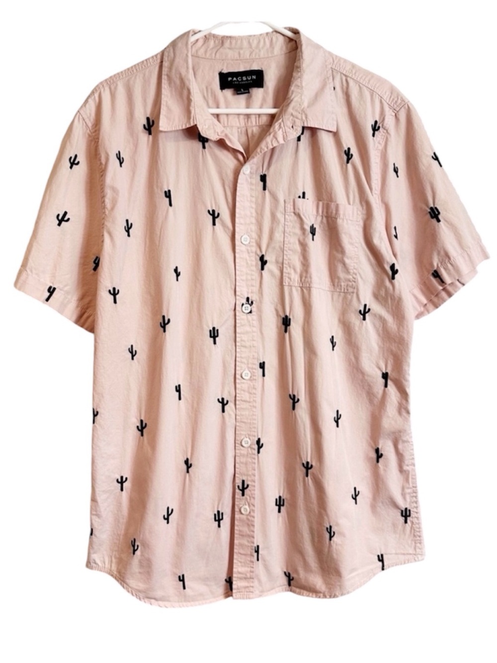 Pacsun Light Pink Embroidered Cactus Short Sleeve Cotton Button Down Shirt